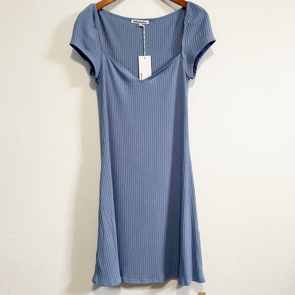 NWT Reformation Blue Percy Cap Sleeve Bodycon Ribbed Mini Dress - Picture 4 of 8
